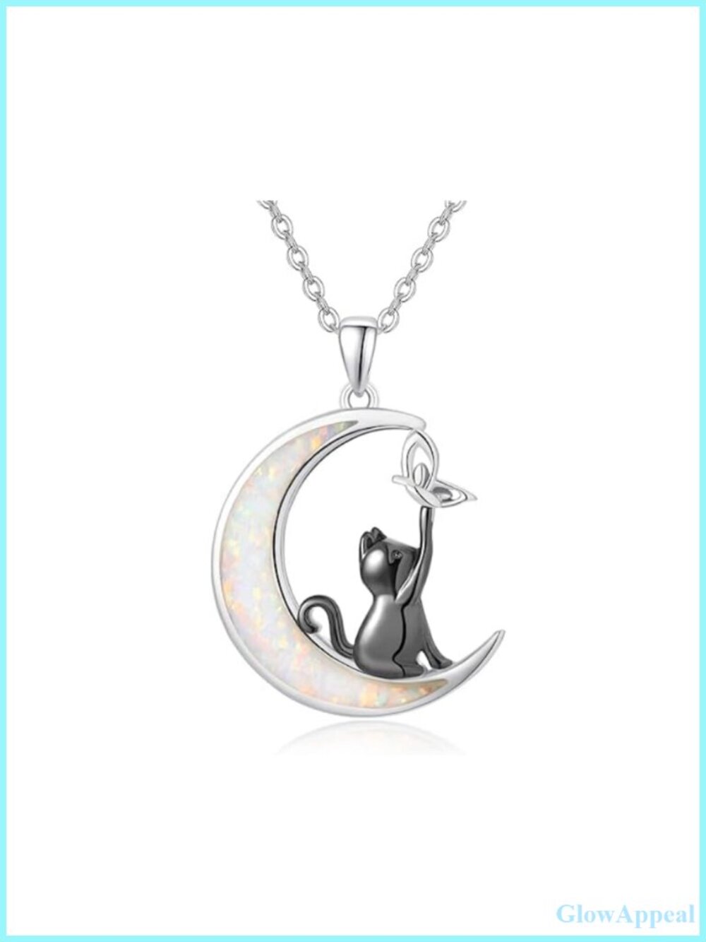 Opal Black Cat Moon Pendant Necklace Sterling Silver 925 Women Jewelry Gift